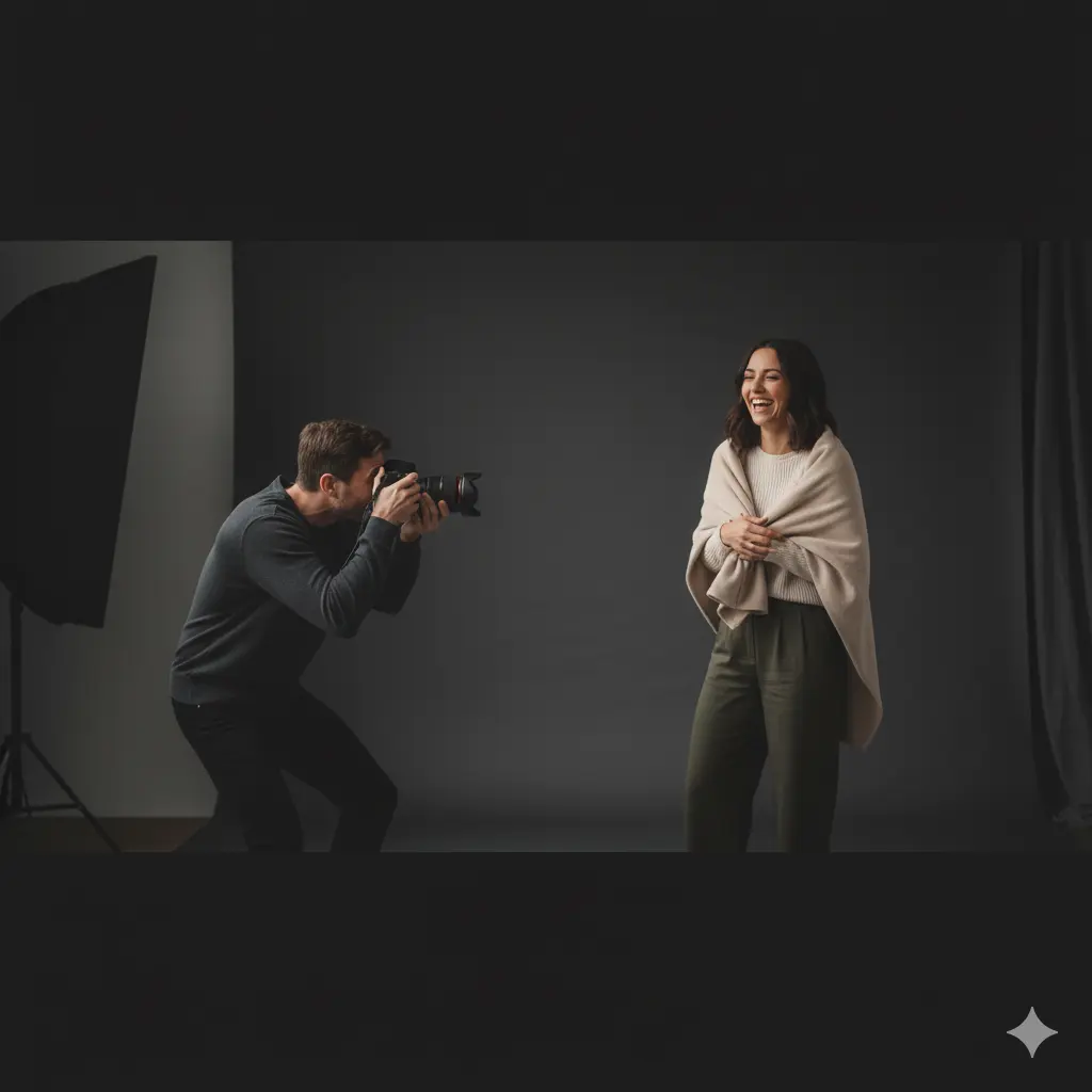 Photographer preparing a session inside the studio with lighting equipment.